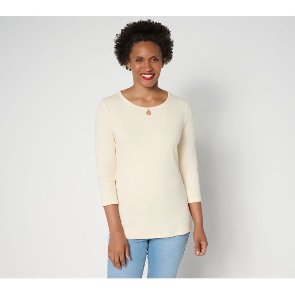 Denim & Co. Women's Top Sz L Essentials Modal Rib Sleeve Keyhole White A692484